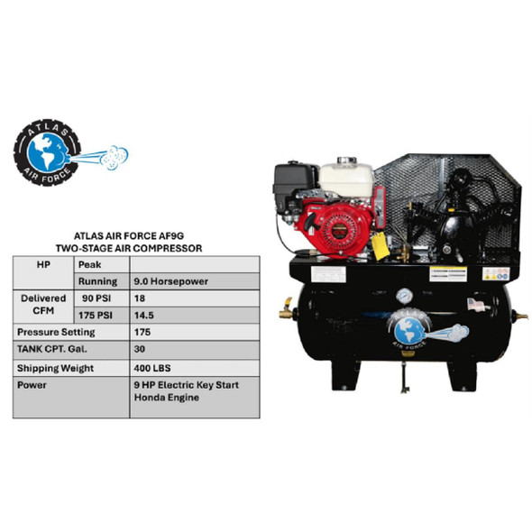Atlas Automotive Equipment Air Force AF9G Gas 9HP 30 Gallon Air Compressor