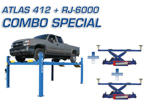 Atlas 412  Combo 12,000 LB. Cap. 4-Post Lift & 2 x Atlas RJ-6000 Rolling Jacks -Air/Hydraulic