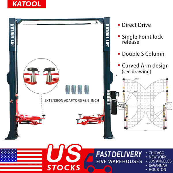 Katool KT-AS110D Two Post Asymmetrical Vehicle Lift 11,000lbs Single Point Lock Release