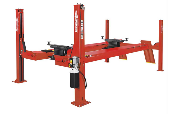 Forward Lift 14K Open Front Alignment Rack, 4-Post, 215” Wheel Base Max., With 20” Wide Runways, W/ Standard Drive On Ramps, Includes 2 RRJ70G Jacks, Bolt On Alignment Kit With Radius Gauges, And Internal Airline Kit, (ETL Approved). Red